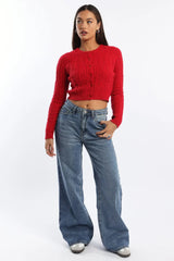 Red Knit Cardigan Long Sleeve Crew Neck