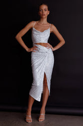 Miami Nights Cowl Neckline Twist Feature Midi Dress Sequin Silver