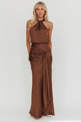 Linette Halterneck Draped Sash Maxi Dress Chocolate