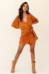 Nadi V-Neckline Wrap Romper Leaf Print Mustard
