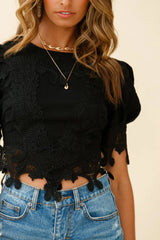 Tori Puff Sleeve Lace Trim Top Black