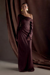 Iris Long Sleeve Satin Maxi Dress - Dark Chocolate