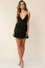 Mercy Surplice Neckline Accordion Pleat Dress Black