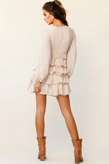 Queensland Balloon Sleeve Tiered Frill Belt Dress Beige