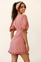 Meant To Be Puff Sleeve Frill Detail Dress Brown