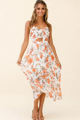 Los Feliz Tied Bust Halterneck Midi Dress Floral Print Orange