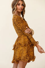 Greta Tiered Ruffle Chiffon Dress Animal Print Mustard