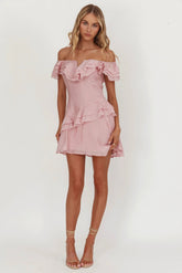 Sinclair Off-Shoulder Ruffle Trim Mini Dress Blush