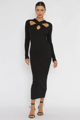 One Mind Cut-Out Neckline Knit Midi Dress Black