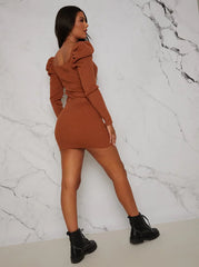 Sweetheart Neckline Puff Sleeve Knitted Jumper Dress in Rust