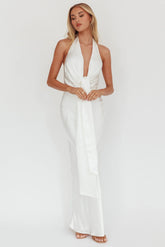 Make Believe Plunging Halterneck Maxi Dress Oyster