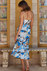 Lake Como Fitted Bodice Cami Strap Midi Dress Marbled Blue