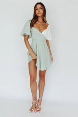 Melie Puff Sleeve Mini Dress Pistachio/White