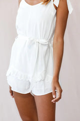 Talitha Waist Tie Lace Trim Romper White