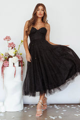 Smitten Sweetheart Neckline Chiffon Midi Dress Black Sparkle