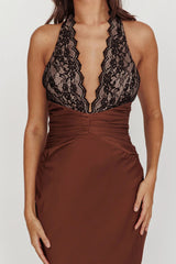 Rarity Satin Lace Halterneck Maxi Dress Coffee