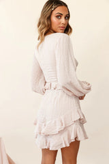 Queenie Long Balloon Sleeve Ruffle Trim Dress Beige