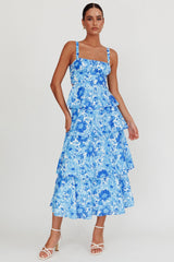 Provence Bloom Tiered Floral Maxi Dress Blue
