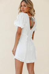 Maisy Puff Sleeve Frill Trim Dress White