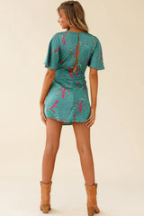 Stealing Hearts Flutter Sleeve Wrap Front Dress Floral Print Olive