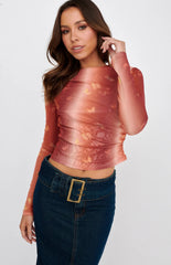 Mishka Long Sleeve Mesh Top Rust Multi