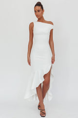 Lights On One-Shoulder Ruffle Hem Maxi Dress White