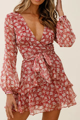 Kerry Layered Balloon Sleeve Dress Floral Print Wine