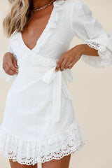 Terroni Lantern Sleeve Frill Hem Dress White