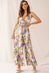 Melita Ruffle V-Neckline Jumpsuit Purple Print