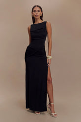 Henley Slinky Drape Maxi Dress - Black