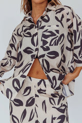 Just A Hunch Button Shirt Leaf Print Beige