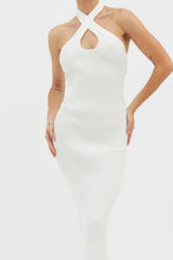 Lovelock Halterneck Ribbed Knit Midi Dress White