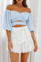 Linka Off-Shoulder Half Sleeve Tie-Back Crop Top Steel Blue