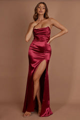 Kalisa Strapless Thigh Split Maxi Dress Burgundy