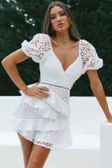 Taurus Floral Embroidery Puff Sleeve Dress White