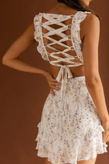 My Belle V-Neckline Lace-Up Back Dress Floral Purple/Beige