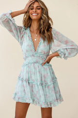 Laney Cutout Back Ruffle Trim Dress Leaves Print Mint