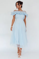 May Rose Off-Shoulder Tulle Midi Dress Light Blue