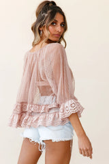 Kiana Adjustable Neckline Tie Hail Spot Mesh Top Mocha