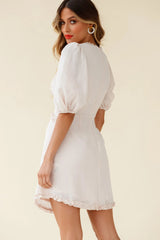 Meant To Be Puff Sleeve Frill Detail Dress Beige