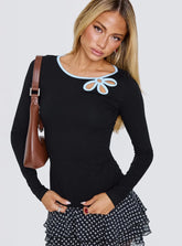 Double Back Floral Cut Out Long Sleeve Top Black
