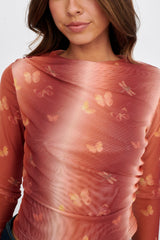 Mishka Long Sleeve Mesh Top Rust Multi