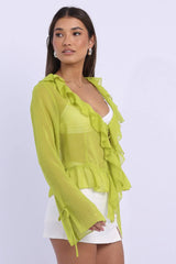 Green Tie Up Top Long Sleeve V Neck Frilled Romantic