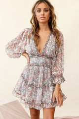 Laney Cutout Back Ruffle Trim Dress Floral Print Grey/Orange