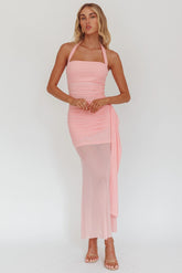 Rebekkah Halterneck Side Sash Maxi Dress Pink