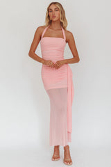 Rebekkah Halterneck Side Sash Maxi Dress Pink