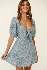 Portia Tied Bust Puff Sleeve Dress Floral Print White