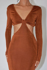 Acapulco Long Sleeve Cut-Out Waist Side Split Midi Jersey Dress Chocolate