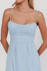 Nerida Twist Back Frill Trim Mesh Maxi Dress Steel Blue