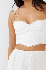 Gracelyn Tied Shoulder Embroidery Crop Top White